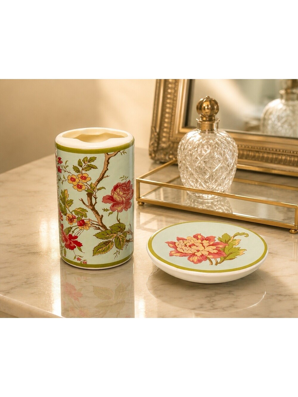 Vintage 1970s Chinoiserie Floral Ceramic Toothbrush Holder & Soap Dish Set